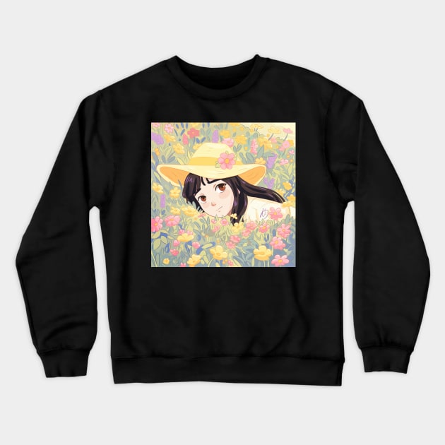 Cute girl surrounded by flowers Crewneck Sweatshirt by YaraGold